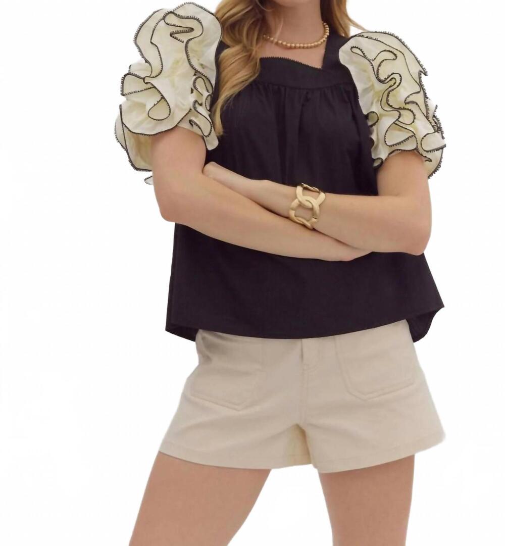 NEW ENTRO square neck damatic ruffle sleeve top in black